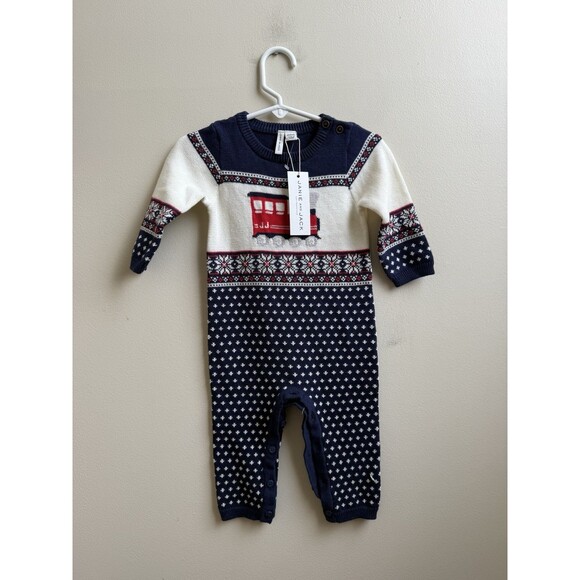 NWT Janie and Jack Baby Train 1-Piece Romper Winter Christmas Size 6-12 months - Picture 1 of 3